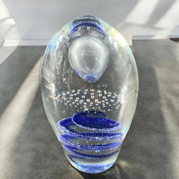 Venetian Large Heavy Glass Paperweight With Small Bubbles Cobalt Blue Swirl VTG - Picture 1 of 15